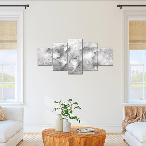 Runa Art Bild Büro Wohnzimmer Weltkarte 5 Teilig Textur beton Grau Wandbilder auf Vlies Leinwand 025753c