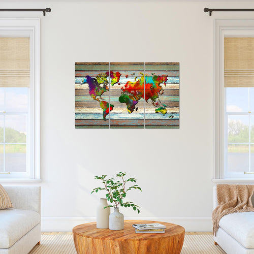 Runa Art Wandbilder Weltkarte Bild XXL Büro Wohnzimmer Bunt Vintage Holz 120 x 80 cm 3 Teilig 105431a