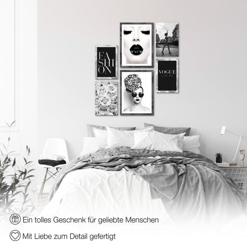Novart Wandbilder Set Fashion Schwarz Weiss - KEIN EXTRA RAHMEN BENÖTIGT -  Modern Deko  - Wohnzimmer Mädchen Teenager N015563a