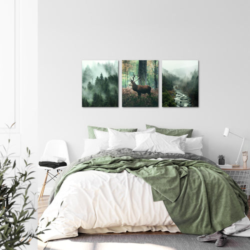 Novart Wandbilder Set Landschaft - KOMPLETT AUFHÄNGFERTIG - Wohnzimmer Schlafzimmer Büro Deko - 3 Moderne Bilder Waldlandschaft - N004635a