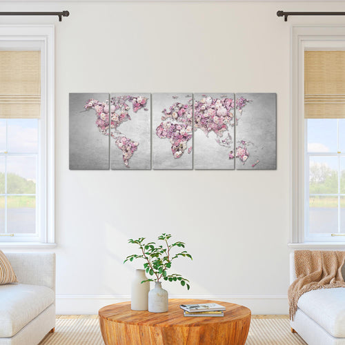 Runa Art Wandbild XXL Weltkarte Blumen Wohnzimmer Schlafzimmer 200 x 80 cm Grau Rosa 5 Teilig - Made in Germany - 023255a