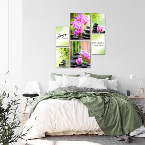 Novart Wandbilder Set Feng Shui Zen Stein Grün Lila - KEIN EXTRA RAHMEN BENÖTIGT -  Modern Deko  - Wohnzimmer Schlafzimmer N003463a