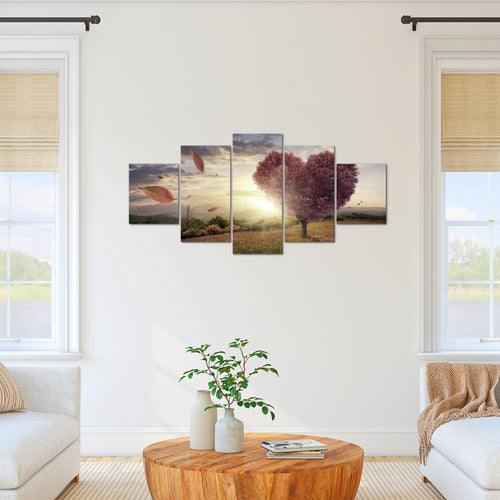 Runa Art Bild Wohnzimmer Schlafzimmer Herbst Baum Herz 5 Teilig Panorama Beige Braun Wandbilder auf Vlies Leinwand 605853c