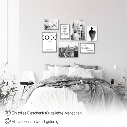 Novart Wandbilder Fashion - KOMPLETT AUFHÄNGFERTIG - Schwarz Weiss Wohnzimmer Mädchen Teenager - 7 Moderne Mood-Bilder - N002171a
