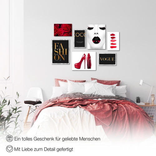 Novart Wandbilder Fashion - KOMPLETT AUFHÄNGFERTIG - Schwarz Weiss Wohnzimmer Mädchen Teenager - 7 Moderne Mood-Bilder - N002271a