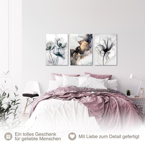 Novart Bilder Set Blumen Pflanzen - KEIN EXTRA RAHMEN BENÖTIGT - Wandbilder für Wohnzimmer Schlafzimmer Büro - 3 Teilig Deko Blumen - N032536b