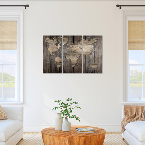 Runa Art Wandbilder Weltkarte Bild XXL Büro Wohnzimmer Beige Braun Holzoptik 120 x 80 cm 3 Teilig 035031b