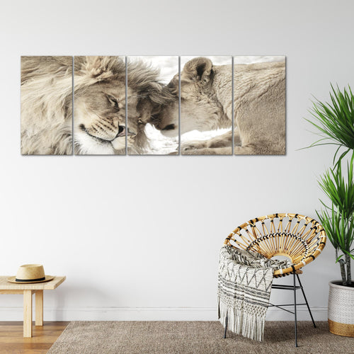 Runa Art Wandbild XXL Löwen Liebe Wohnzimmer Schlafzimmer 200 x 80 cm Beige 5 Teilig - Made in Germany - 002155b