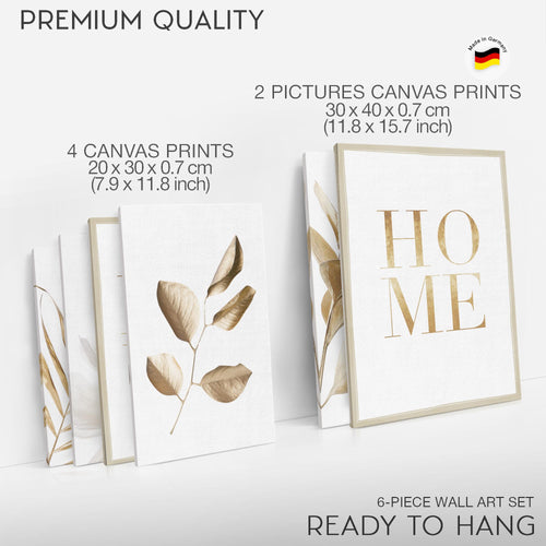 Novart Wandbilder Set Boho Gold Blätter Home - KEIN EXTRA RAHMEN BENÖTIGT -  Modern Deko  - Wohnzimmer Schlafzimmer N021563a