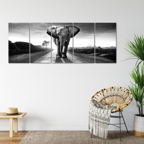 Runa Art Wandbild XXL Afrika Elefant Wohnzimmer Schlafzimmer 200 x 80 cm Schwarz Weiss 5 Teilig - Made in Germany - 042655c
