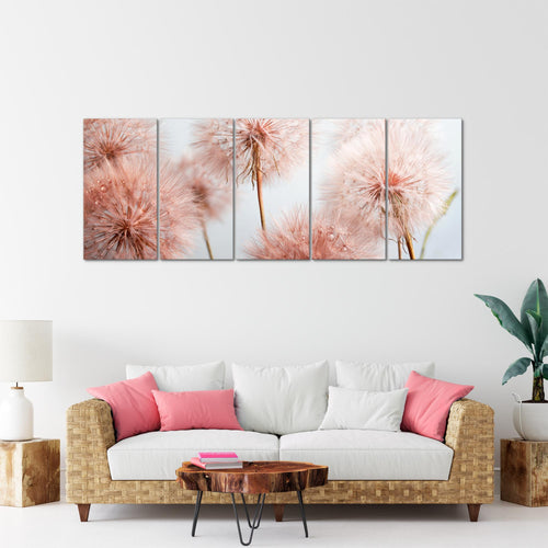Runa Art Wandbild XXL Blumen Pusteblumen Wohnzimmer Schlafzimmer 200 x 80 cm Grau Rosa 5 Teilig - Made in Germany - 042055a