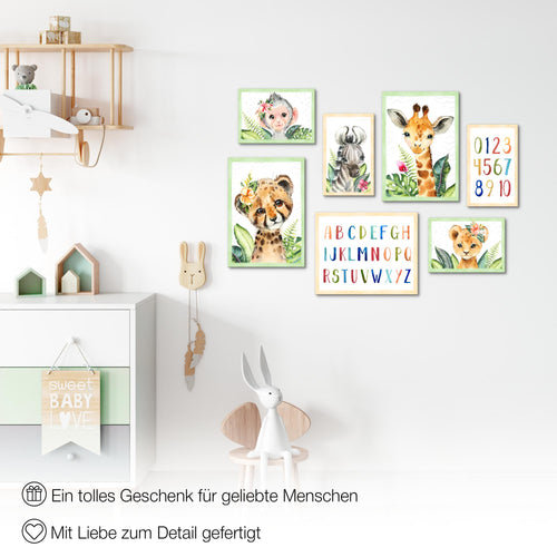 Novart Wandbilder Tiere Afrika - KOMPLETT AUFHÄNGFERTIG - Grün Kinderzimmer Mädchen Junge - 7 Moderne Mood-Bilder - N017371a
