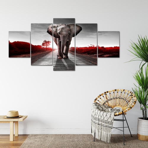 Runa Art - Bilder Afrika Elefant 200 x 100 cm 5 Teilig XXL Wanddekoration Design Rot Grau 042651b