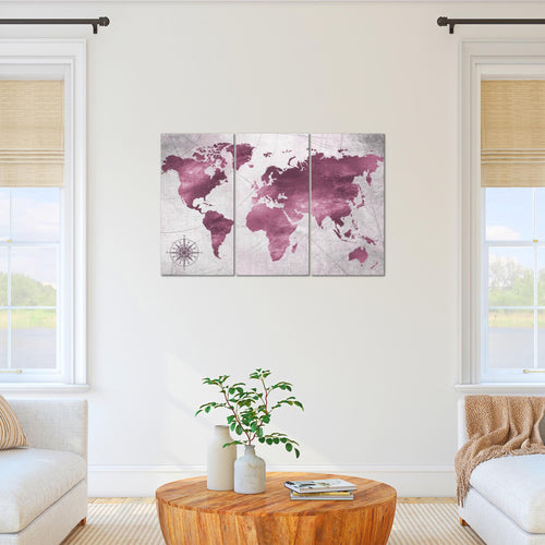 Runa Art Wandbilder Weltkarte Bild XXL Büro Wohnzimmer Pink Vintage Antik 120 x 80 cm 3 Teilig 026031b