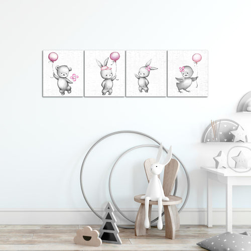 Runa Art Bilder Set 4 Teilig Kinderzimmer Tiere Wandbilder XXL Babyzimmer Spielzimmer 160 x 50 cm Rosa Grau Modern 017846b