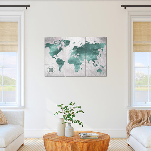 Runa Art Wandbilder Weltkarte Bild XXL Büro Wohnzimmer Grün Grau Vintage 120 x 80 cm 3 Teilig 026031c