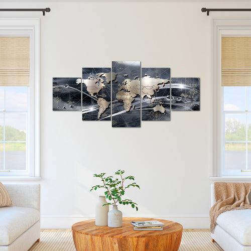 Runa Art - Bilder Weltkarte 200 x 100 cm 5 Teilig XXL Wanddekoration Design Grau 106851c