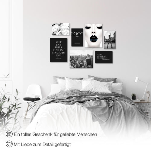 Novart Wandbilder Coco - KOMPLETT AUFHÄNGFERTIG - Schwarz Weiss Wohnzimmer Mädchen Teenager - 7 Moderne Mood-Bilder - N016371b
