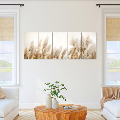 Runa Art Wandbild XXL Boho pampasgras Wohnzimmer Schlafzimmer 200 x 80 cm Beige 5 Teilig - Made in Germany - 044455a