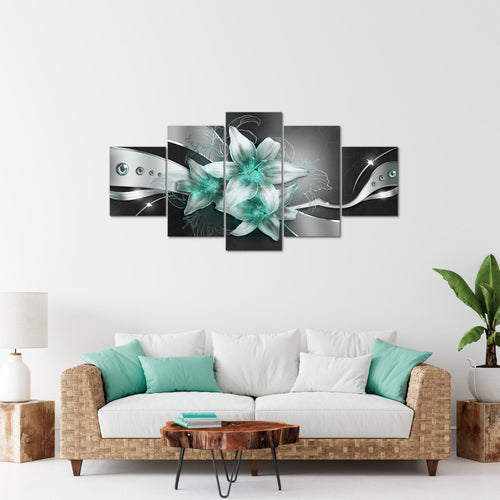 Runa Art Bild Wohnzimmer Schlafzimmer Blumen Lilien 5 Teilig Abstrakt Schwarz Türkis Wandbilder auf Vlies Leinwand 039653b
