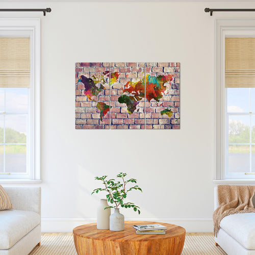 Runa Art Wandbilder Weltkarte Bild XXL Büro Wohnzimmer Rot Bunt Ziegelwand 120 x 80 cm 3 Teilig 106931c