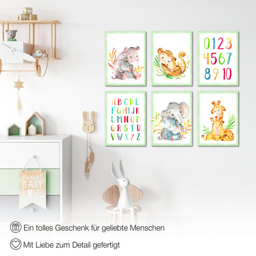 Novart Wandbilder - KEIN EXTRA RAHMEN BENÖTIGT - Kinderzimmer Mädchen Junge - Bilder Modern Afrika Tiere - ABC Grün - N021165a