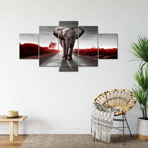 Runa Art Bild Wohnzimmer Schlafzimmer Afrika Elefant 5 Teilig Tiere Rot Grau Wandbilder auf Vlies Leinwand 042653b