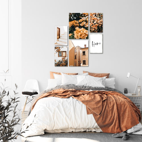Novart Wandbilder Set Home Blumen Orange - KEIN EXTRA RAHMEN BENÖTIGT -  Modern Deko  - Wohnzimmer Schlafzimmer N010163a