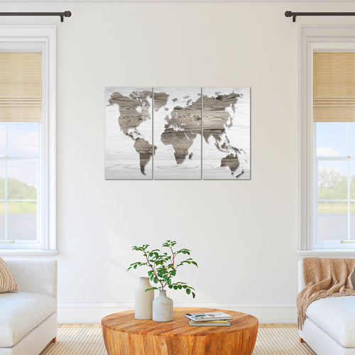 Runa Art Wandbilder Weltkarte Bild XXL Büro Wohnzimmer Schwarz Weiss Holzwand 120 x 80 cm 3 Teilig 035031c