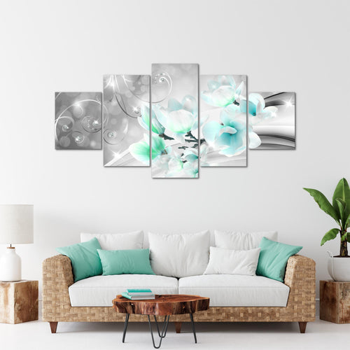 Runa Art - Bilder Blumen Abstrakt 200 x 100 cm 5 Teilig XXL Wanddekoration Design Grau Türkis 035351c