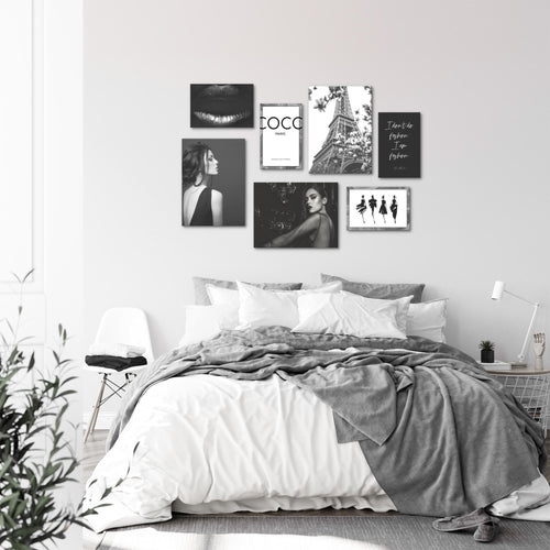 Novart Wandbilder Fashion - KOMPLETT AUFHÄNGFERTIG - Schwarz Weiss Wohnzimmer Mädchen Teenager - 7 Moderne Mood-Bilder - N000871a