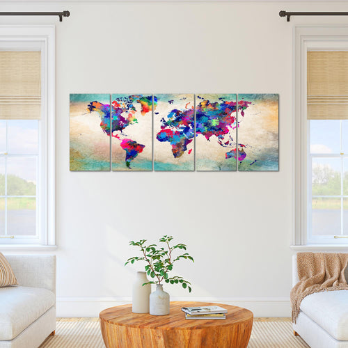 Runa Art Wandbild XXL Weltkarte Büro Wohnzimmer 200 x 80 cm Bunt 5 Teilig - Made in Germany - 013355a