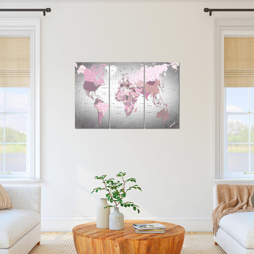 Runa Art Wandbilder Weltkarte Bild XXL Büro Wohnzimmer Rosa Grau Kontinente 120 x 80 cm 3 Teilig 023331c