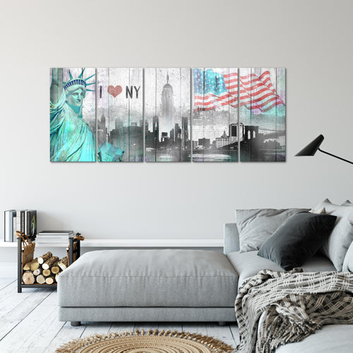 Runa Art Wandbild XXL New York City Wohnzimmer Büro 200 x 80 cm Grau Türkis 5 Teilig - Made in Germany - 034255a
