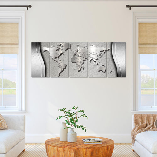 Runa Art Wandbild XXL Weltkarte Büro Wohnzimmer 200 x 80 cm Grau 5 Teilig - Made in Germany - 107255c