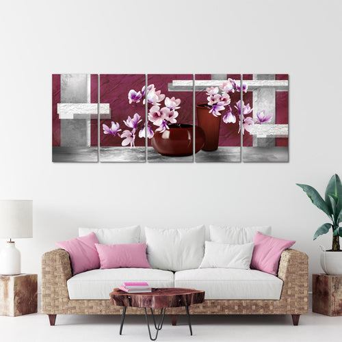 Runa Art Wandbild XXL Blumen Abstrakt Wohnzimmer Schlafzimmer 200 x 80 cm Grau Rot 5 Teilig - Made in Germany - 035255a