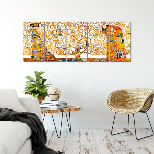 Runa Art Wandbild XXL Gustav Klimt Baum des Lebens Wohnzimmer 200 x 80 cm Gelb 5 Teilig - Made in Germany - 700055a