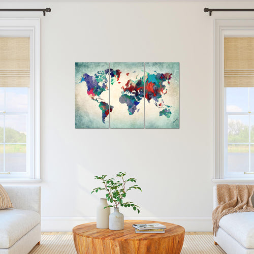 Runa Art Wandbilder Weltkarte Bild XXL Büro Wohnzimmer Bunt Grün Kontinente 120 x 80 cm 3 Teilig 105131b