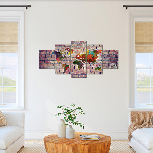 Runa Art Bild Büro Wohnzimmer Weltkarte 5 Teilig Ziegelwand Rot Bunt Wandbilder auf Vlies Leinwand 106953c