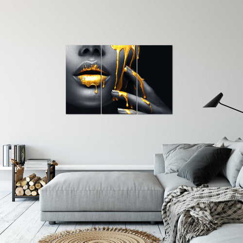 Runa Art Wandbilder Lippen Gold Schwarz Bild XXL Wohnzimmer Schlafzimmer Frau Kosmetik Fashion 120 x 80 cm 3 Teilig 041531a