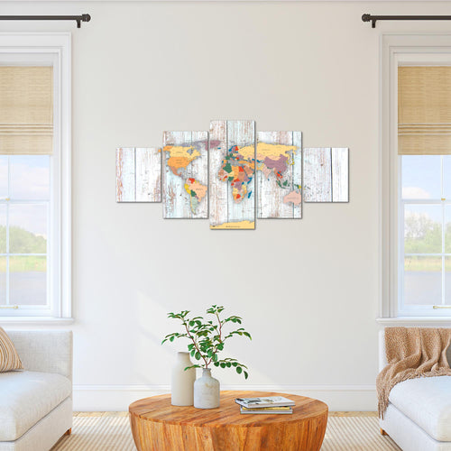 Runa Art Bild Büro Wohnzimmer Weltkarte Holz 5 Teilig Landkarte Weiss Wandbilder auf Vlies Leinwand 108753b