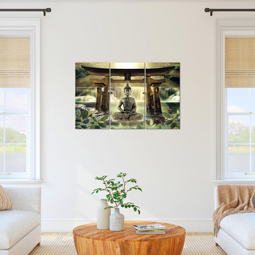 Runa Art Wandbilder Feng Shui Buddha Bild XXL Wohnzimmer Schlafzimmer Grün Braun Spa 120 x 80 cm 3 Teilig 036431a