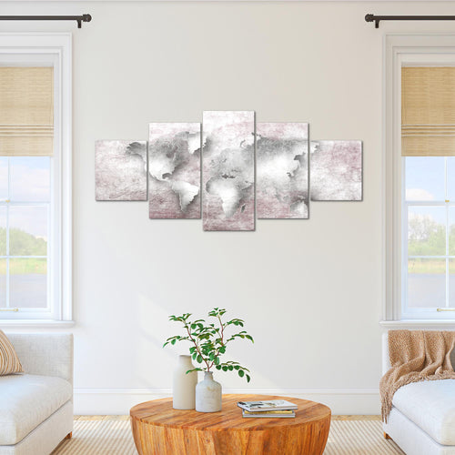 Runa Art - Bilder Weltkarte 200 x 100 cm 5 Teilig XXL Wanddekoration Design Rosa 025751b