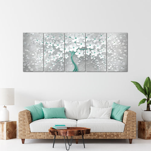 Runa Art Wandbild XXL Blumen Wohnzimmer Schlafzimmer 200 x 80 cm Weiss Türkis 5 Teilig - Made in Germany - 039755b