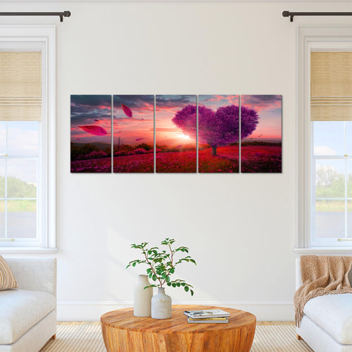 Runa Art Wandbild XXL Herbst Baum Herz Wohnzimmer Schlafzimmer 200 x 80 cm Lila Violett 5 Teilig - Made in Germany - 605855b