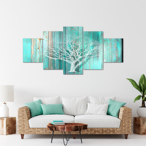Runa Art - Bilder Baum Abstrakt 200 x 100 cm 5 Teilig XXL Wanddekoration Design Türkis Grau 039951c