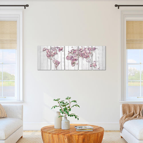 Runa Art Bild Weltkarte Blumen Wandbilder auf Vlies Leinwand 5 Teilig Wanddekoration Wohnzimmer Schlafzimmer 023256b