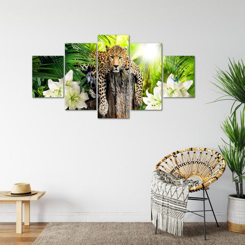 Runa Art Bild Wohnzimmer Schlafzimmer Afrika Leopard 5 Teilig Natur Savanne Grün Wandbilder auf Vlies Leinwand 006753a