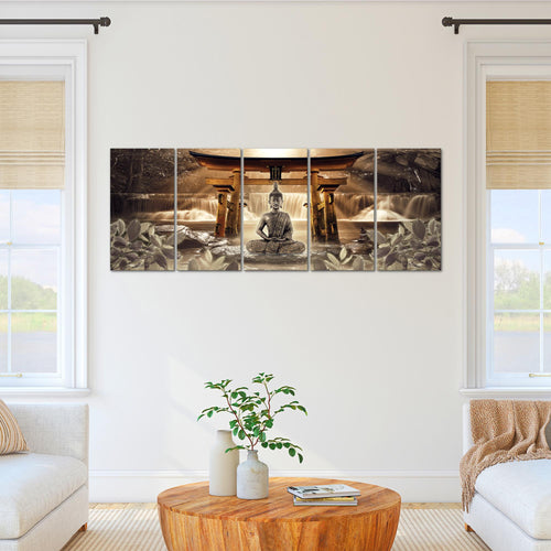 Runa Art Wandbild XXL Feng Shui Buddha Wohnzimmer Schlafzimmer 200 x 80 cm Braun 5 Teilig - Made in Germany - 036455b
