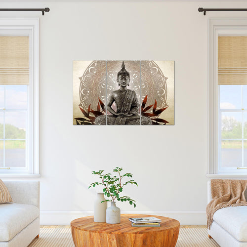 Runa Art Wandbilder Buddha Bild XXL Wohnzimmer Schlafzimmer Beige Braun Feng Shui 120 x 80 cm 3 Teilig 031231b